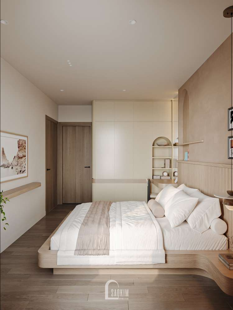 Thiết kế chung cư The Beverly khéo léo kết hợp giường ngủ, tab đầu giường và hệ tủ liền mạch, tối ưu công năng sử dụng.
